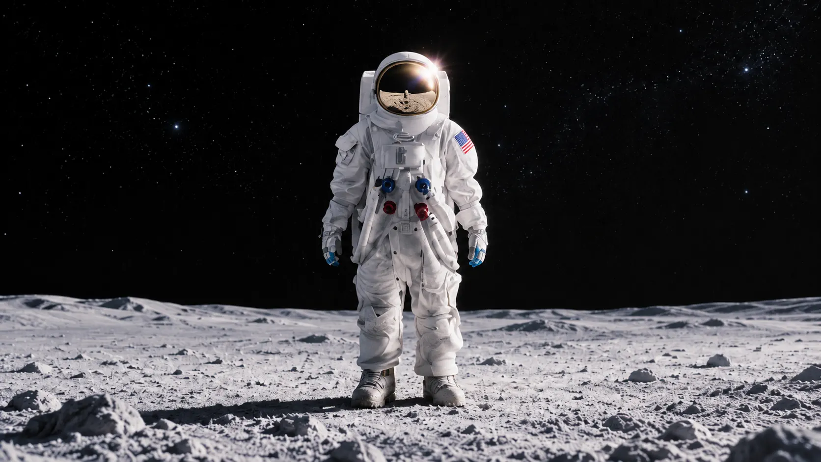 An astronaut standing on the grey surface of the moon under a black, starry sky