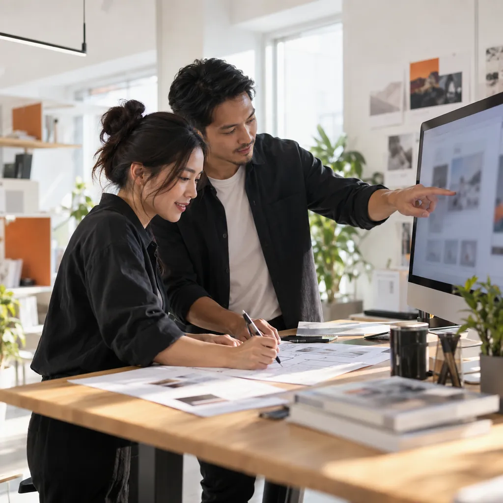 Two designers at a standing desk, one sketching a page layout while the other points at a website on a large monitor