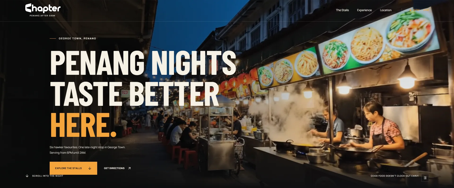 Homepage of the hawker night market site, headlined Penang nights taste better here, over hawker stalls lit at night