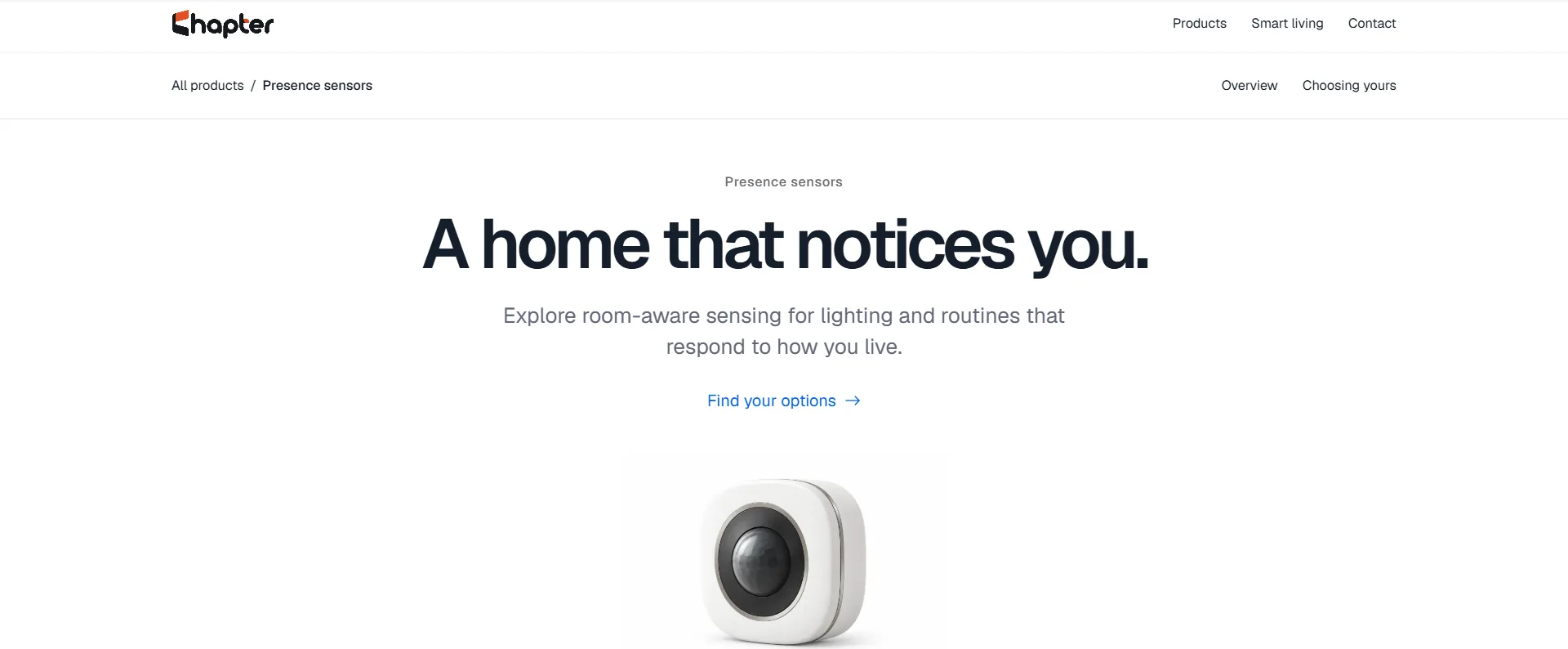 Presence sensors page from the smart home store site, headlined A home that notices you, above a white sensor